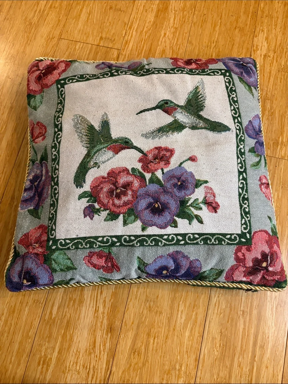 Vintage Hummingbird Tapestry Throw Pillow Floral Border 18x18 cottagecore